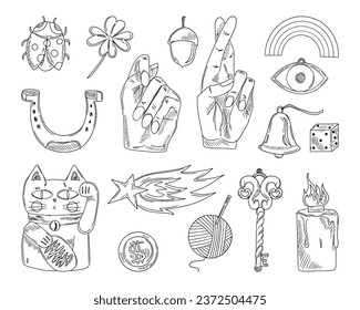 Sketch vector good luck symbol, fortune, success, prosperity concept. Maneki Neko, horseshoe, clover, acorn, evil eye, star, dice, fig, key, mushroom, ladybug, talisman, amulet.