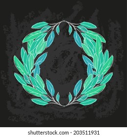 sketch of vector green sage or bay leaf wreath on blackboard for vegetarian food illustration 