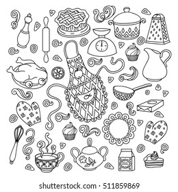 Sketch vector hand drawn Doodle cartoon set of objects and symbols on the kitchen theme