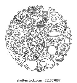 Sketch vector hand drawn Doodle cartoon set of objects and symbols on the kitchen theme
