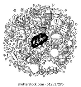 Sketch vector hand drawn Doodle cartoon set of objects and symbols on the kitchen theme