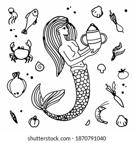 Sketch Vector hand drawn the little mermaid with a pot and food on white background. Vector vintage sketch style illustration.