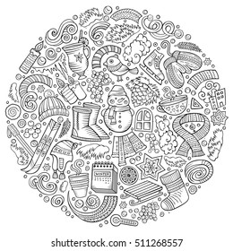 Sketch vector hand drawn set of Winter cartoon doodle objects, symbols and items. Round composition