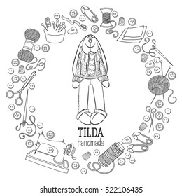 Sketch vector hand drawn set of object Hand Made Tilde doll hare cartoon doodle, symbols and items.Round frame composition