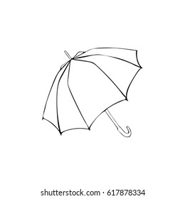 Opened umbrella sketch. Vector hand drawn illustration. Black element isolated on white background. Coloring page or print design. Line art.