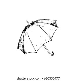 Opened umbrella sketch. Vector hand drawn illustration. Black element isolated on white background.