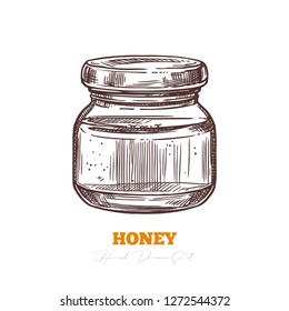 Sketch vector honey packing template isolated on white. Hand drawn glass jar full of mead. Engraving illustration for beekeeping and apiculture company and business. Bee product