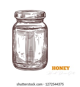 Sketch vector honey packing template isolated on white. Engraving illustration for beekeeping and apiculture company and business. Hand drawn glass jar full of mead. Bee product