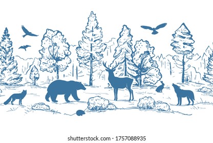 Sketch vector horizontal seamless border from trees and animals. Blue animals silhouettes and forest isolated on white background. Deer, hare, fox, hedgehog, wolf, bear and birds. 