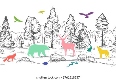 Sketch vector horizontal seamless border from trees and flat colorful animals. Color animals silhouettes and forest isolated on white background. Deer, hare, fox, hedgehog, wolf, snake, bear and birds