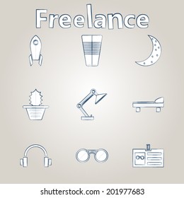 Sketch vector icons for freelance and business. Set of sketch white icons with ink contour for freelance or business on gray background.