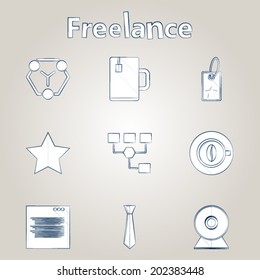 Sketch vector icons for freelance and business. Set of sketch white icons with ink contour for freelance or business on gray background.