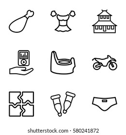 sketch vector icons. Set of 9 sketch outline icons such as temple, baby potty, blouse, puzzle, meat leg, pipette, mp3 player on hand, man swim wear