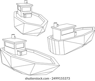 Sketch vector illustration artistic unique 3d cartoon boat poly silhouette drawing design