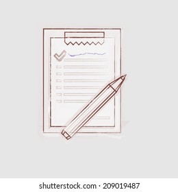Sketch vector illustration of clipboard for outsource. Drawing of brown sketch clipboard for outsource. Isolated vector illustration on gray background.