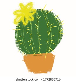 sketch vector illustration of cute fluffy  green round cactus on a white background with light yellow flowers hand draw