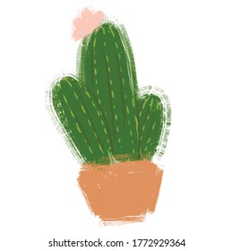 dibujo vectorial ilustración de un lindo cactus verde esponjoso sobre un fondo blanco con el dibujo de la mano de una flor rosa claro