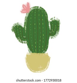 sketch vector illustration of cute fluffy  green cactus on a white background with  pink flower hand draw
