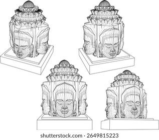 Diseño de la Ilustración vectorial del bosquejo de la estatua de la cabeza de Buda étnica vintage