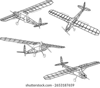 Croquis Diseño de Ilustración vectorial Construcción Prototipo Avión de combate antiguo Restos de la época clásica de la Guerra Mundial