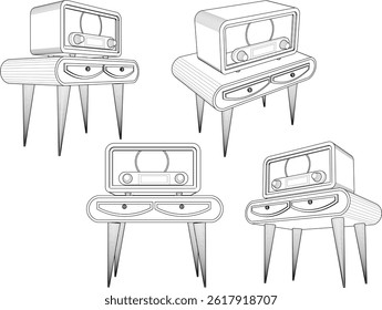 Croquis de diseño de Ilustración vectorial Imagen de la vieja radio étnica clásica vintage en la mesa