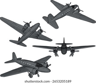 Diseño de Ilustración vectorial de boceto del viejo avión de combate sobrante de World War Classic Vintage 