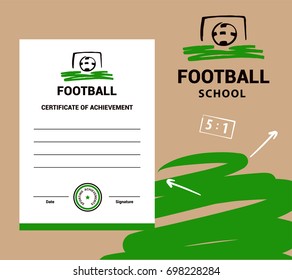 Sketch vector illustration. Element design poster, banner, card,  logo, certificate template for football, soccer school, hobby. Ball in goal.
