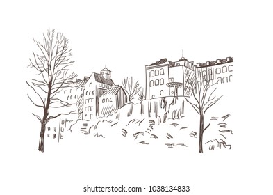 sketch vector illustration european view stockholm buildings on the rock