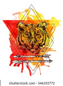 Sketch vector illustration with face of tiger. Boho style. Drawing by hand. Us for poster, tattoo, card, postcard, web design.