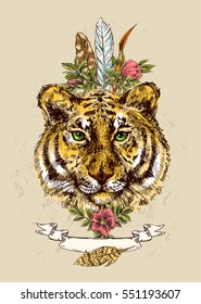 Sketch vector illustration with face of tiger. Boho style. Drawing by hand. Us for poster, tattoo, card, postcard, web design.