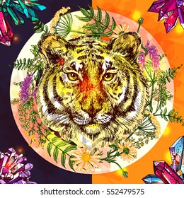Esbozar ilustración vectorial con cara de tigre. Estilo Boho. Dibujo a mano. Nosotros para el afiche, tatuaje, tarjeta postal, diseño web.