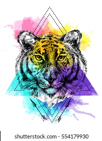 Sketch vector illustration with face of tiger. Boho style. Drawing by hand. Us for poster, tattoo, card, postcard, web design.