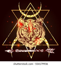 Sketch vector illustration with face of tiger. Boho style. Drawing by hand. Us for poster, tattoo, card, postcard, web design.