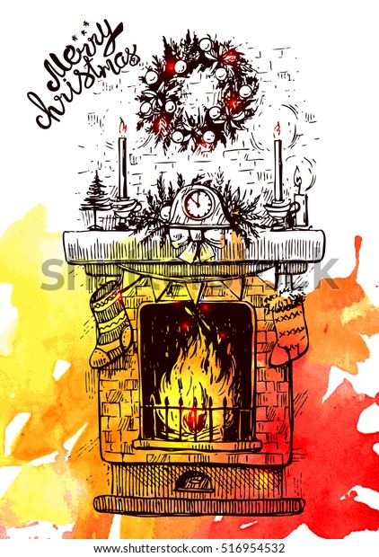 Sketch Vector Illustration Fireplace Us Postcard Stock Vector