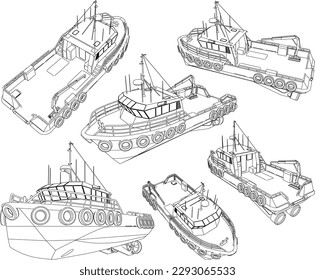 Sketch vector illustration of fish finder fishing barge