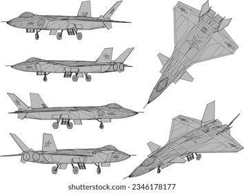 Esbozar ilustración vectorial del diseño de avión de combate completamente armado volando en el aire