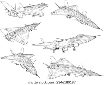 Sketch vector illustration of fully armed fighter plane design flying in the air