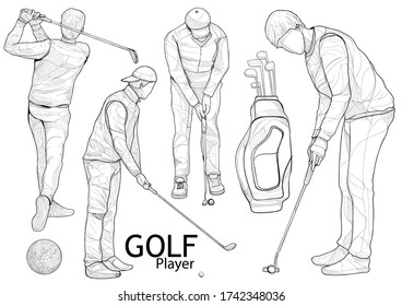 sketch vector illustration of golf player set.