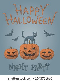 Sketch vector illustration for Halloween party - pumpkin, cat and bat. Drawing elements, happy Halloween creepy celebration flyer. Isolated contour concept for scary night party, cute october banner.