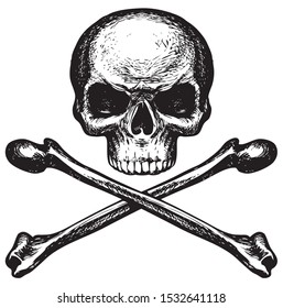 Sketch vector illustration, hand drawn human skull and crossbones isolated on white background. Jolly Roger. Pirate symbol or danger warning sign