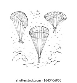 Sketch vector illustration with hand drawn skydivers flying with a paraplane and parachute. Extreme sports concept. Black line isolated on white. Design for print, cover, poster and banner