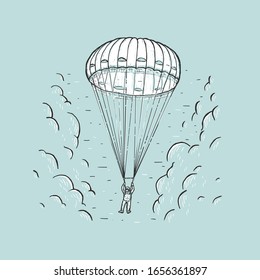 Sketch vector illustration with hand drawn skydiver. Parachuting sport concept. Skydiver descending with a parachute. Design on a blue background for t-shirt print, cover, poster, banner