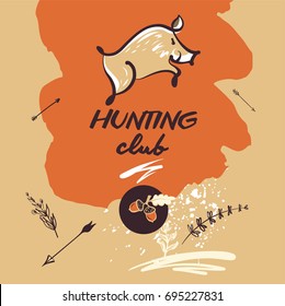 Sketch vector illustration. Hunting club template logo. Hand-drawn image of boar.