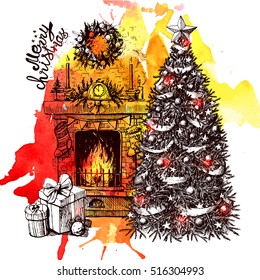 Sketch vector illustration interior with christmas tree and fireplace. Us for postcard, card, invitations and christmas decorations.