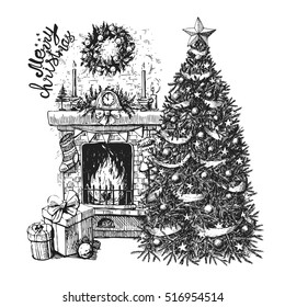 Sketch vector illustration interior with christmas tree and fireplace. Us for postcard, card, invitations and christmas decorations.