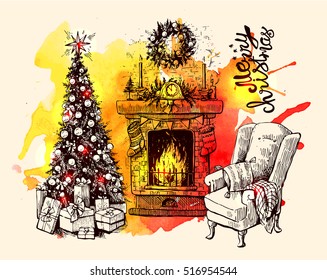 Sketch vector illustration interior with christmas tree and fireplace. Us for postcard, card, invitations and christmas decorations.