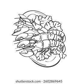 Sketch vector illustration of lobster dish with salad leaves. Line drawing. Elegant vintage template with hand drawn lobsters on a plate decorated with salad leaves. Vector illustration