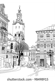 sketch vector illustration of Lviv historical building, Ukraine. Digital drawing freehand.