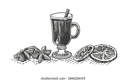 Sketch vector illustration of mulled wine with spices. Hot drink in glass