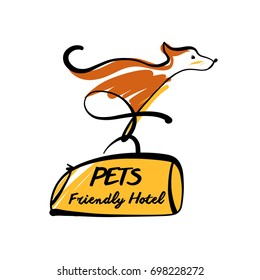 Sketch vector illustration. Pet friendly hotel. Template vector logo with abstract image of running dog and baggage isolated on white background.